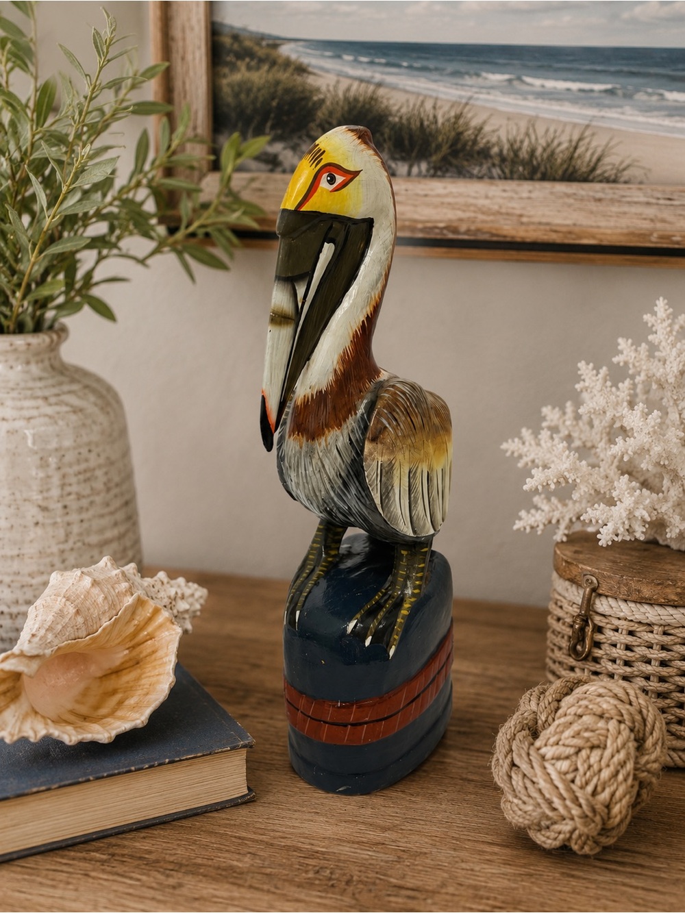 Hand-Painted Pelican Figurine - Yellow, Blue, Brown